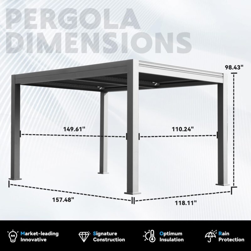 MELLCOM Electric Retractable Pergola 10x13, Aluminum Motorized Louvered Pergola, 2 Independent Adjustable Louvers, Integrated Drainage System - Image 5