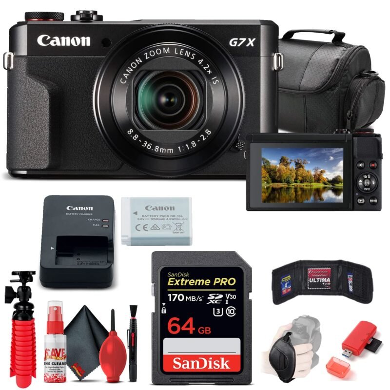 Canon PowerShot G7 X Mark II Digital Camera (1066C001), 64GB Memory Card, Card Reader, Soft Bag, Flex Tripod, Hand Strap