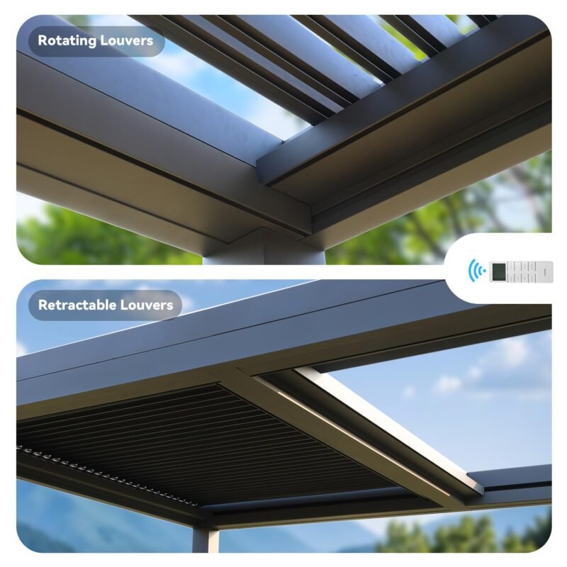 MELLCOM Electric Retractable Pergola 10x13, Aluminum Motorized Louvered Pergola, 2 Independent Adjustable Louvers, Integrated Drainage System - Image 7