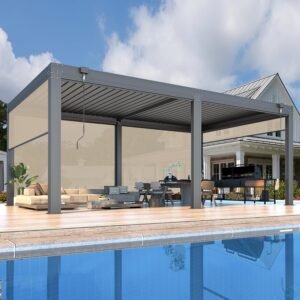 MELLCOM 12x20FT Louvered Pergola with 6-Panel Pull-Down Screen, Aluminum Pergola with Adjustable Rainproof Roof for Patio, Lawn & Garden