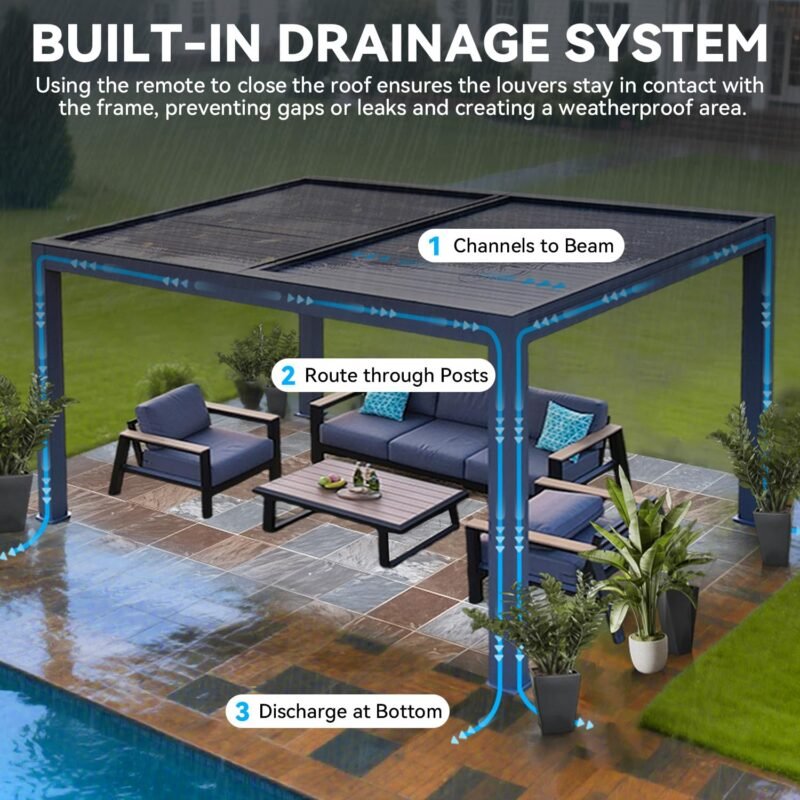 MELLCOM Electric Retractable Pergola 10x13, Aluminum Motorized Louvered Pergola, 2 Independent Adjustable Louvers, Integrated Drainage System - Image 8