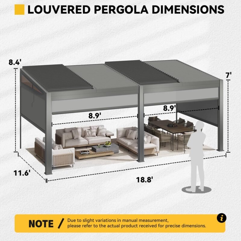 MELLCOM Louvered Pergola with Screen 12x20, Wall-Mounted Adjustable Pergola, Lean to Aluminum Gazebo with 4 Pull-Down Screen Sides - Image 5