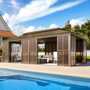 EROMMY 12' X 20' Sunroom, Light Galvanized Steel Double Roof Gazebo Solarium with Detachable Windows