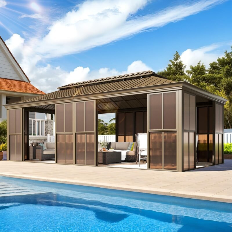 EROMMY 12' X 20' Sunroom, Light Galvanized Steel Double Roof Gazebo Solarium with Detachable Windows