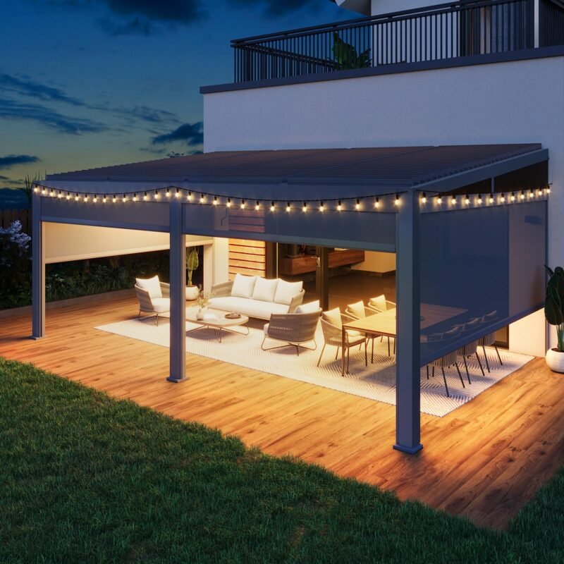 MELLCOM Louvered Pergola with Screen 12x20, Wall-Mounted Adjustable Pergola, Lean to Aluminum Gazebo with 4 Pull-Down Screen Sides - Image 4