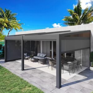 MELLCOM Louvered Pergola with Screen 12x20, Wall-Mounted Adjustable Pergola, Lean to Aluminum Gazebo with 4 Pull-Down Screen Sides