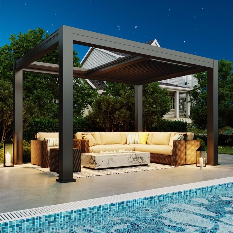 MELLCOM Electric Retractable Pergola 10x13, Aluminum Motorized Louvered Pergola, 2 Independent Adjustable Louvers, Integrated Drainage System - Image 3