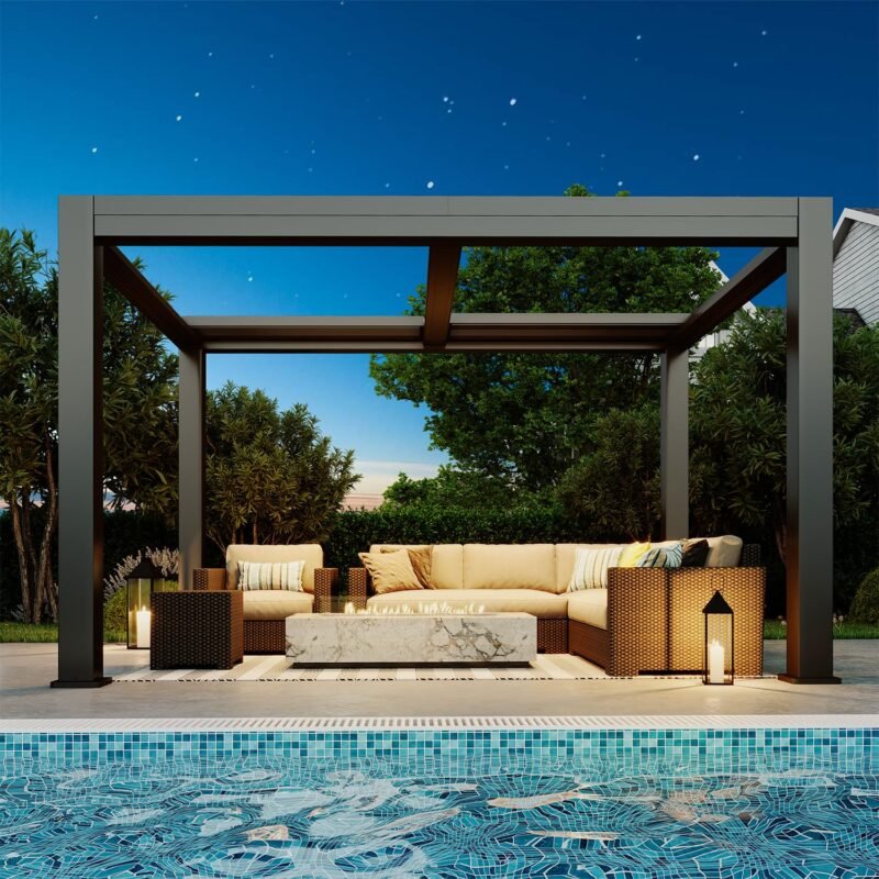MELLCOM Electric Retractable Pergola 10x13, Aluminum Motorized Louvered Pergola, 2 Independent Adjustable Louvers, Integrated Drainage System - Image 4
