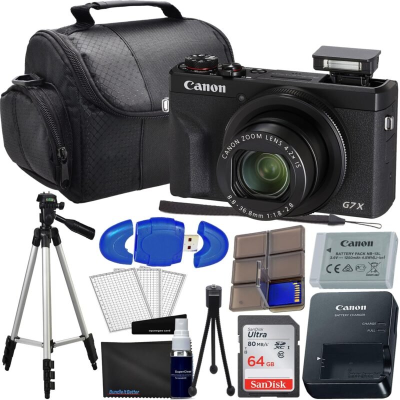 Canon PowerShot G7 X Mark II Digital Camera (Black) Bundle with SanDisk 64GB Memory Card, Full Size Tripod, High Speed Card Reader