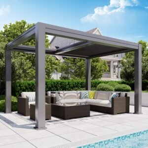 MELLCOM Electric Retractable Pergola 10x13, Aluminum Motorized Louvered Pergola, 2 Independent Adjustable Louvers, Integrated Drainage System