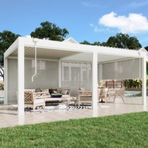 EROMMY 12x20 Louvered Pergola with Side Pull-Down Screen, Outdoor Aluminum Pergola with Thickened Frame