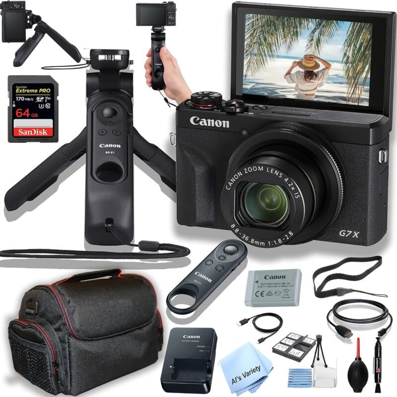 Canon PowerShot G7 X Mark III Digital Camera + 64GB Extreem Speed Memory, HG-100 Stabilizong Grip W/BR-E1 Remote, Case